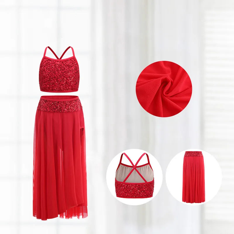 Children's Dance Training Dress Girls Women Parent-child Sequin Glitter Dress Modern Halter Stage Performance Dress