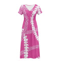 Hot Sale Pink Puakenikeni Hawaiian Flower Pattern Women's Short Sleeve Maxi Dresses Casual Empire Waist Long Dress with Pockets
