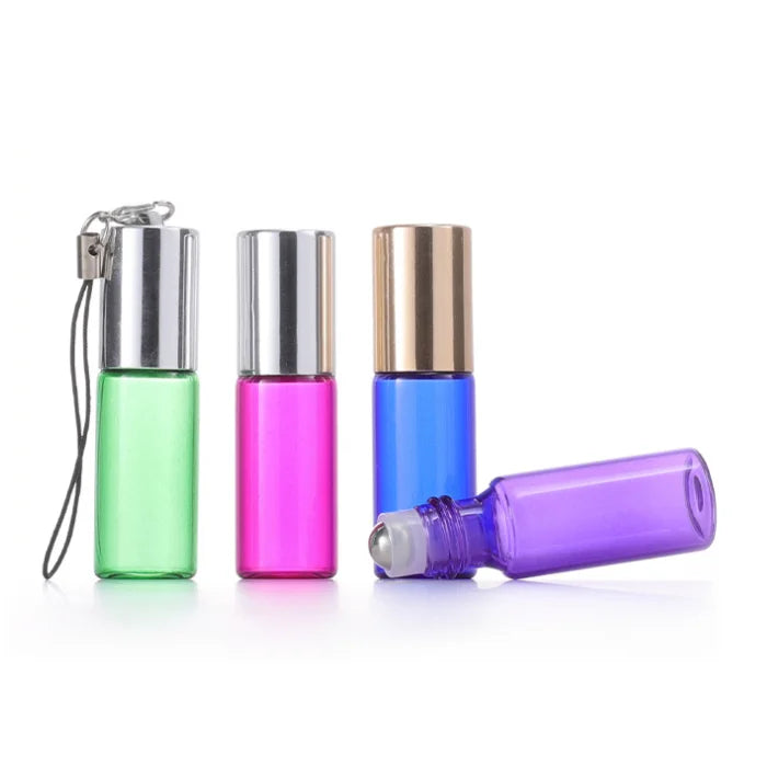 Wholesale pink Blue Round Mini Small Portable Perfume Roller Bottle 5ml Thin Essential Oil Glass Roll on Bottle