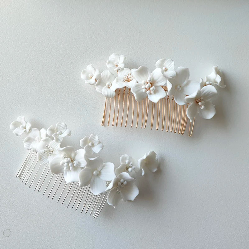 Romantic White Ceramic Flower Bridal Hair Comb Bridesmaid Wedding Accessories Hair Piece Jewelry