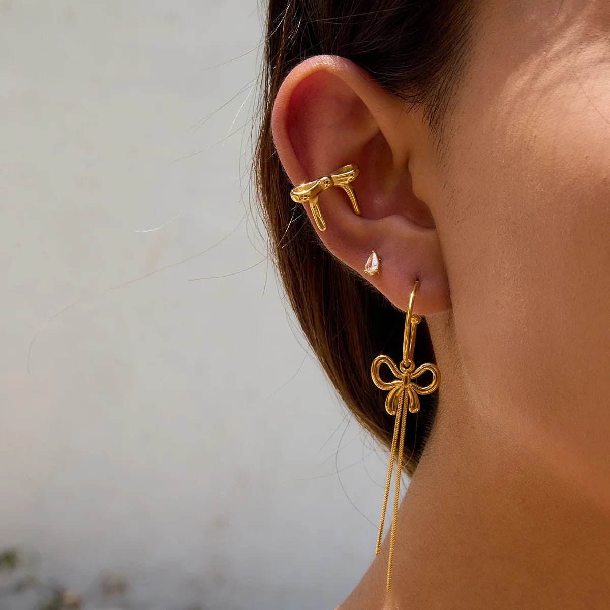Wholesale Fashion Jewelry Stainless Steel Butterfly Bowknot Long Tassel C-Shaped Drop Earrings Waterproof Hypoallergenic Earring