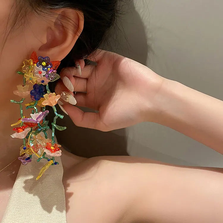 SC Exaggerated Handmade Beaded Blossom Statement Earrings Fairy Colorful Long Acrylic Leaf Flowers Tassel Earrings for Girls