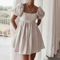 Enyami Summer Boho Chic Romantic Elegant Cotton Linen Puff Shorts Sleeves Lace Design Casual A-line Women Mini Dress