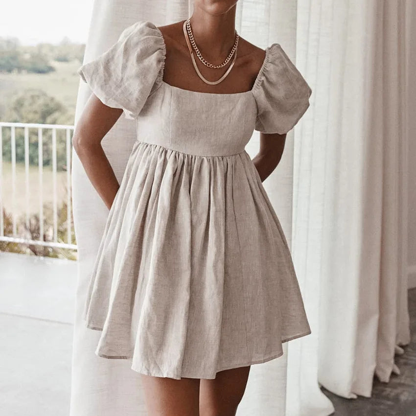 Enyami Summer Boho Chic Romantic Elegant Cotton Linen Puff Shorts Sleeves Lace Design Casual A-line Women Mini Dress