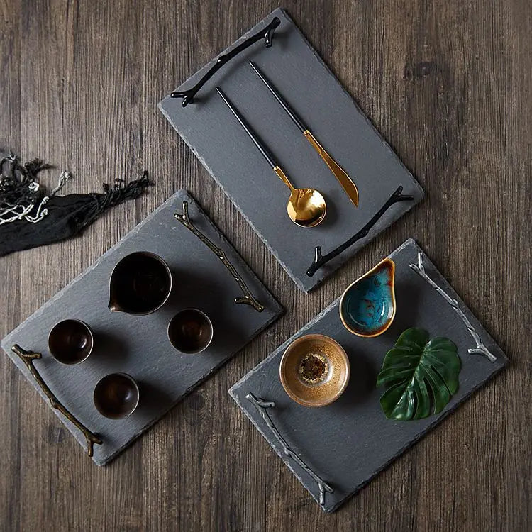 Chinese Natural Black Slate Teacup Holder Tray Simply Home Use Slate Pizza Serving Tray Cheese Cutting Board With Handles
