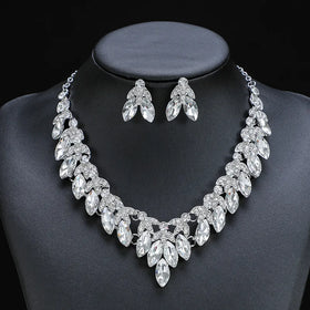 Rhinestone Beaded Crystal Statement Necklace Dangle Earrings Women's Wedding Jewelry Set for Bridal