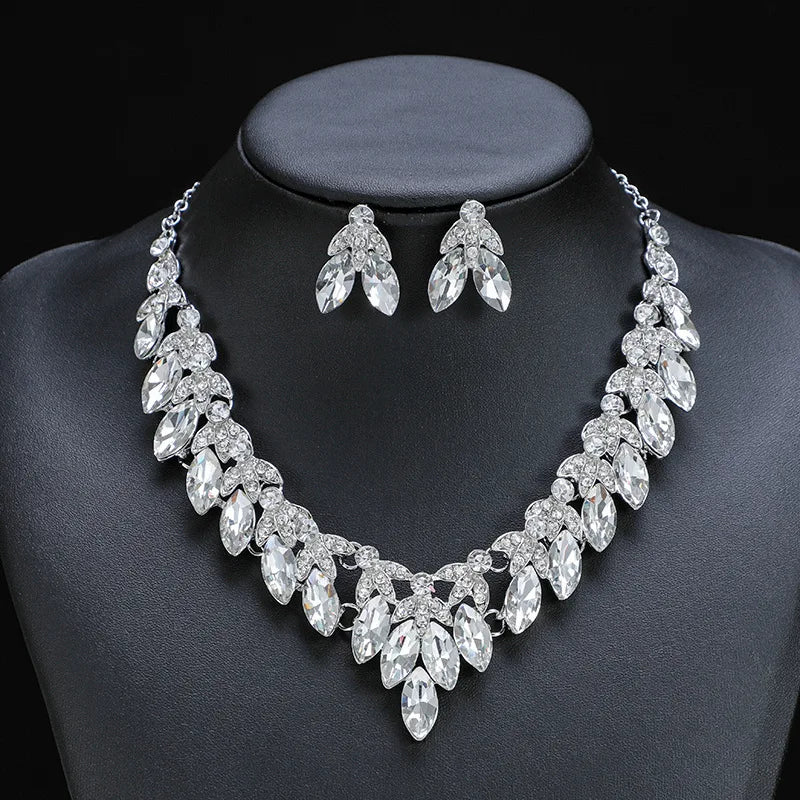 Rhinestone Beaded Crystal Statement Necklace Dangle Earrings Women's Wedding Jewelry Set for Bridal