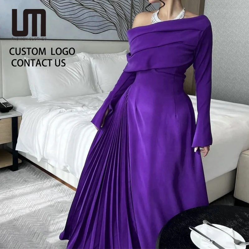 Customized OEM New Product Vintage Women Elegant Off Shoulder Pleated Evening Long Dress