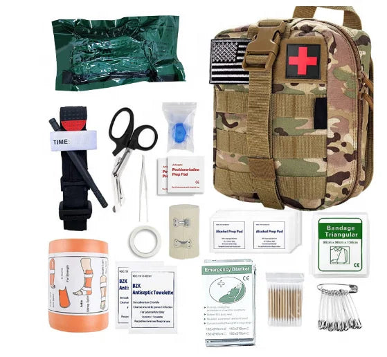 Professional 47-in-1 Emergency Survival Gear First Aid Kit with SOS Flashlight and Black Molle Pouch for Travel