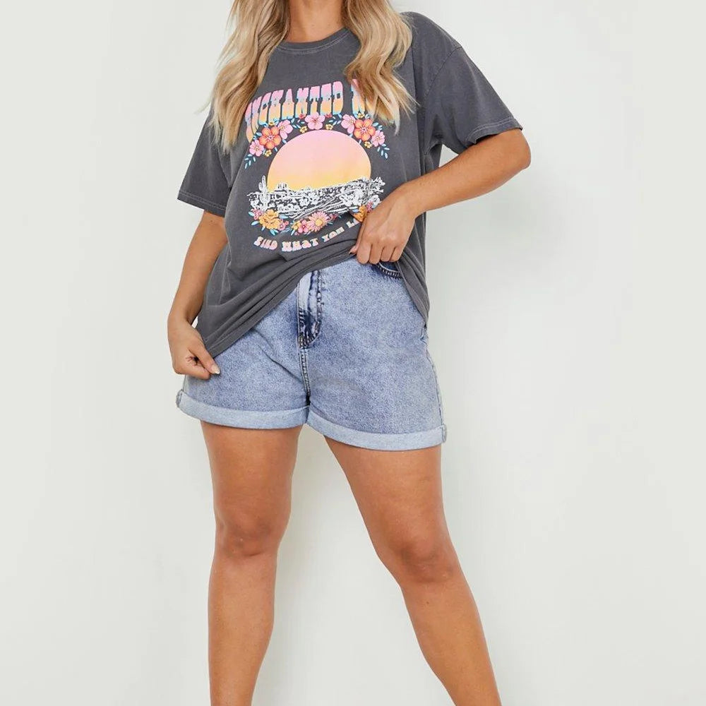 Women's Tee Puff Print Graphic T-shirt Acid Wash Oversized Women's T-shirt Casual Top