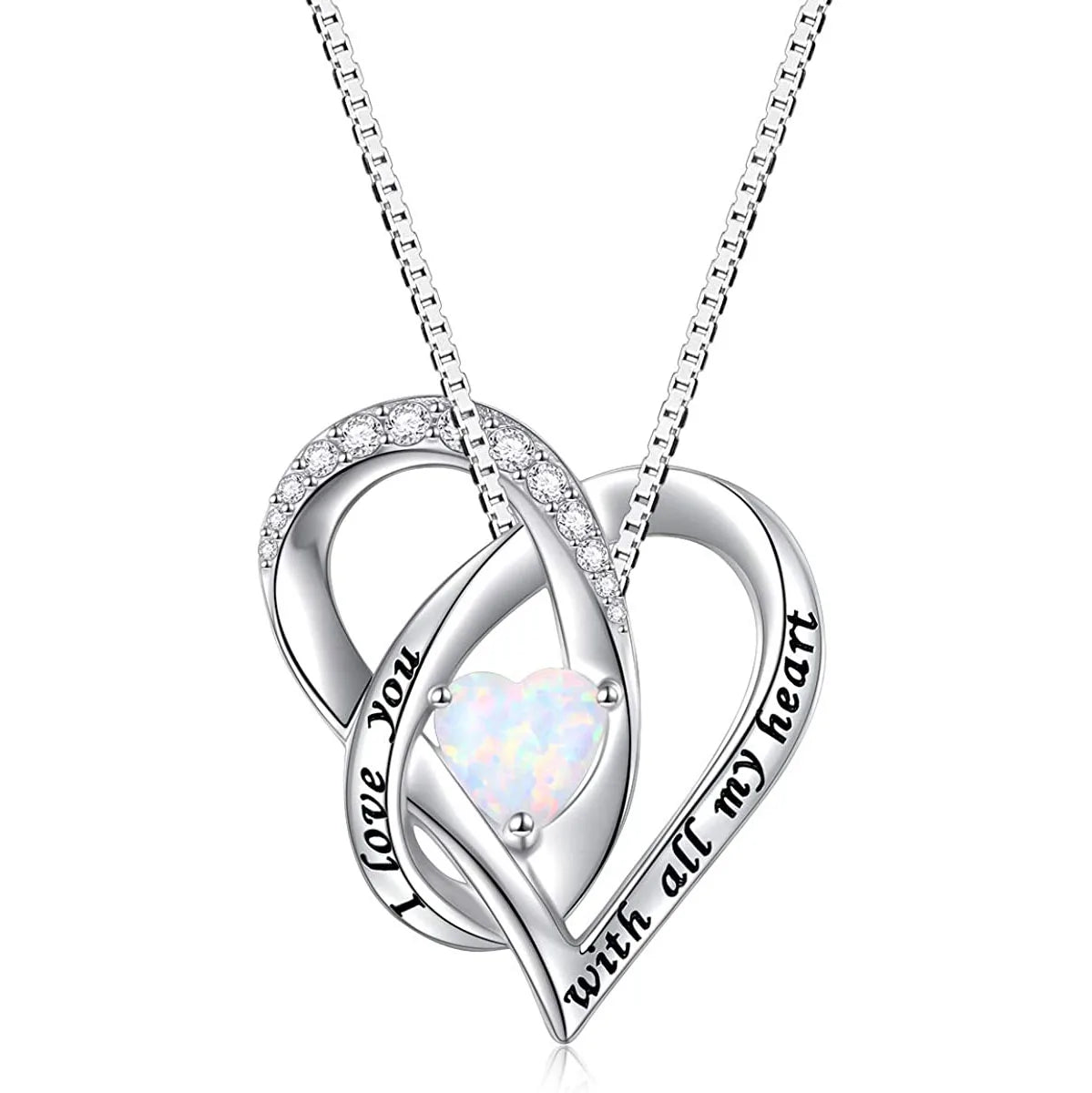 Valentines Day Jewelry 925 Sterling Silver Engraved Letter Created Opal Heart Necklace for Women