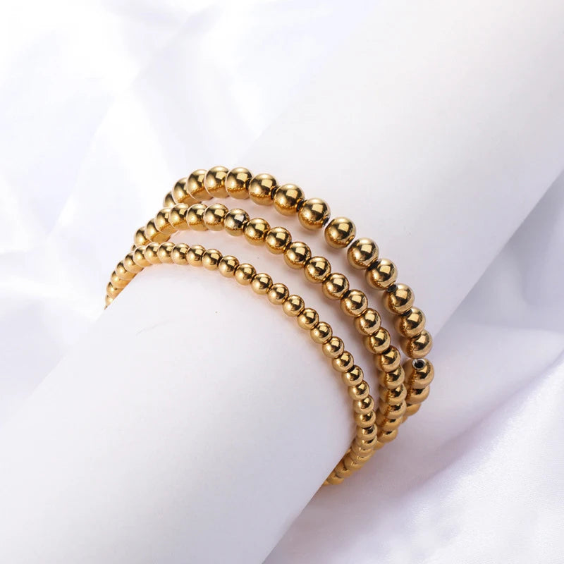 18K Gold Plated Stainless Steel Jewelry Good Set Stackable Elastic Stretch Gold Ball Beaded Stacked s