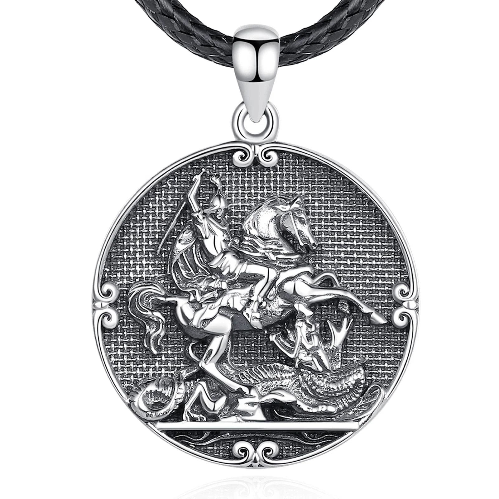 Isunni 925 Sterling Silver Embossing Vintage Oxidized Saint George Jewelry Men Necklace