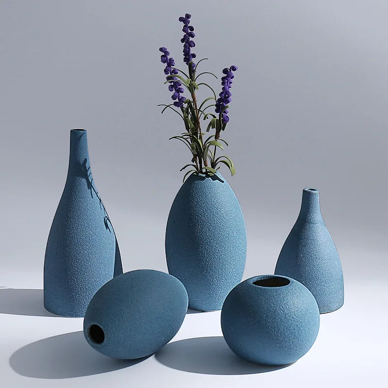 Manufacturer Custom Europe Style Blue Matte Frosted Multi Shape Pottery Flower Vase Set  for  Home Decoration Accessories