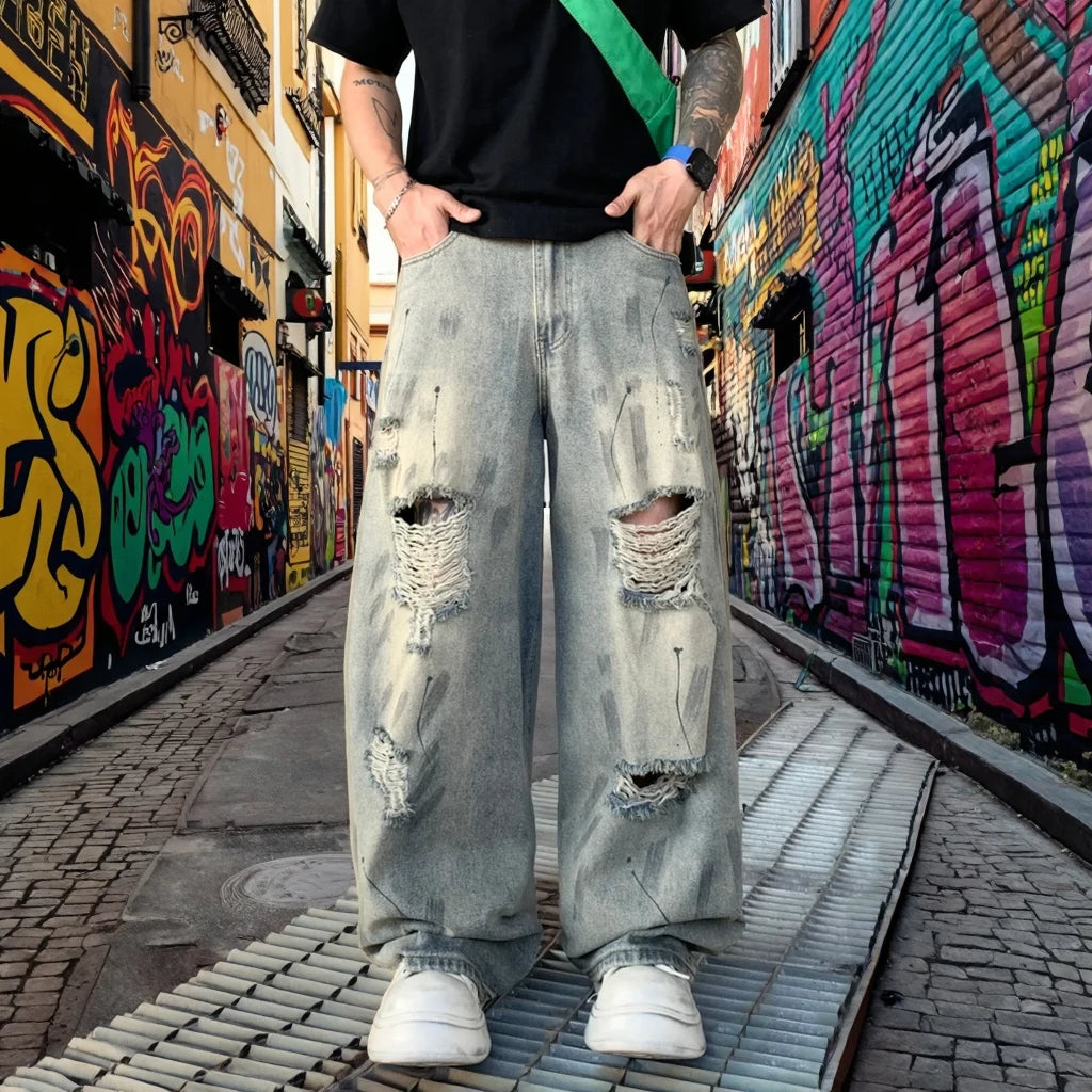 Factory Jeans Manufacturer Oversized Acid Wash Vintage Ripped Wide Leg Distressed Denim Pant Baggy Loose Designer Men Jean