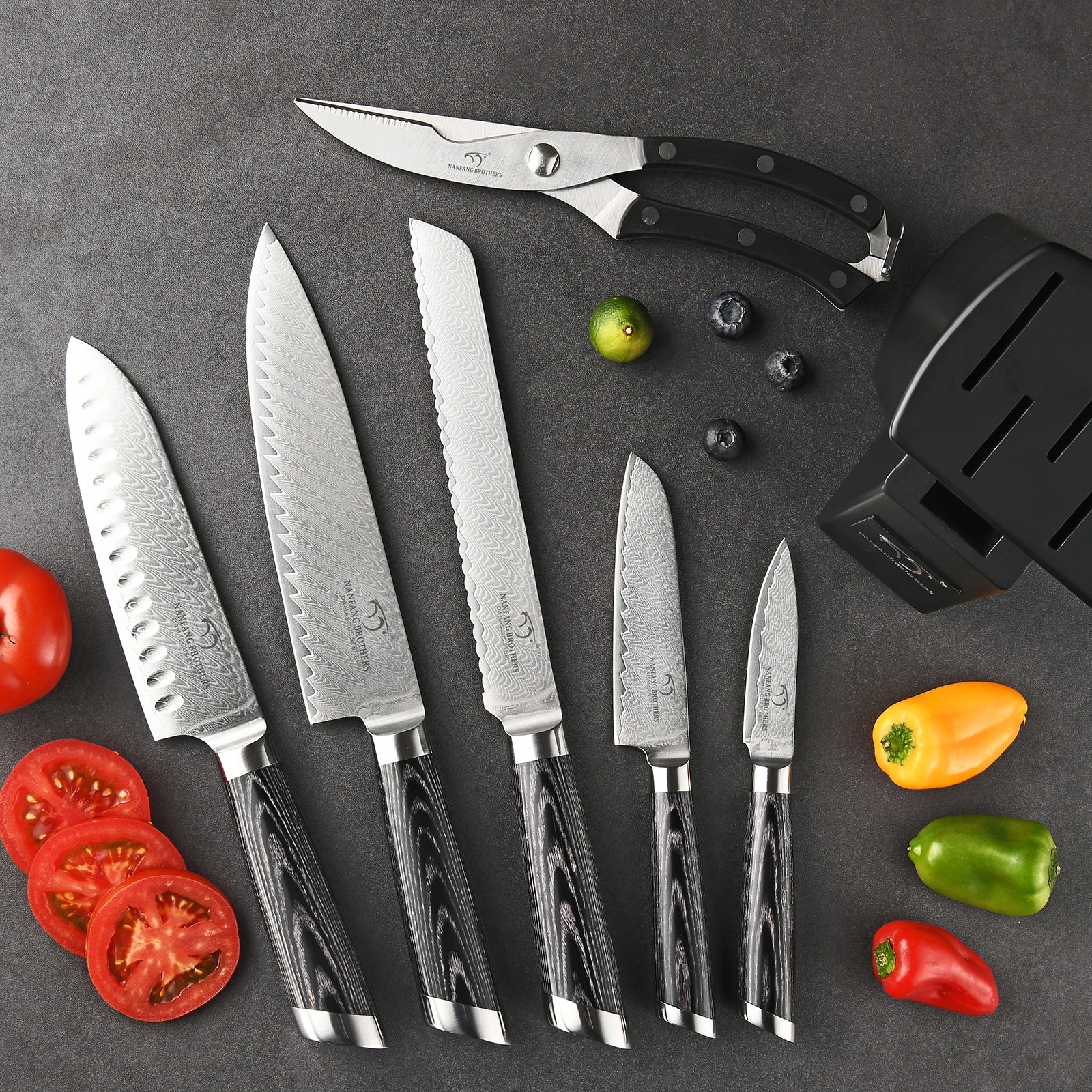 Individual Grade 7 Pcs Wood Knife Block Scissors sharp Damascus Steel Blade Kitchen Knife Set