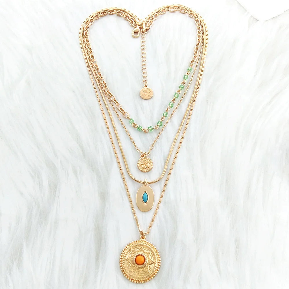 Women Necklace Diamond Necklace Multilayer Chain Gold Plated Sun Bead Stone Korean Jewelry Luxury Designer Jewelry for Women
