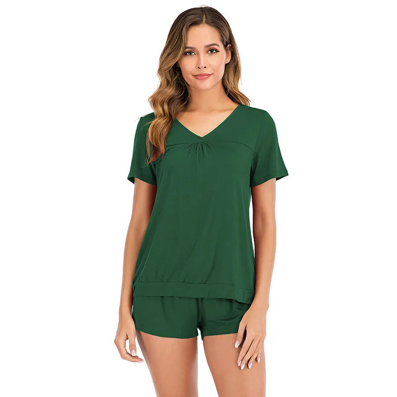 Women's Modal Fabric V-Neck Pajama Set Custom Logo Short Sleeve Sleepwear Nightwear PJs Elastic Plain Dyed Plus Size Solid