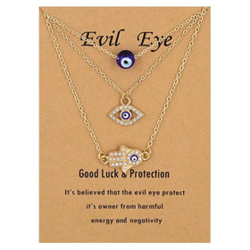 Trendy 3 Pcs/Set Crystal Glass Blue Evil Eyes Link Chain Necklace With Card Rhinestone Hamsa Hand Charm Necklace Set