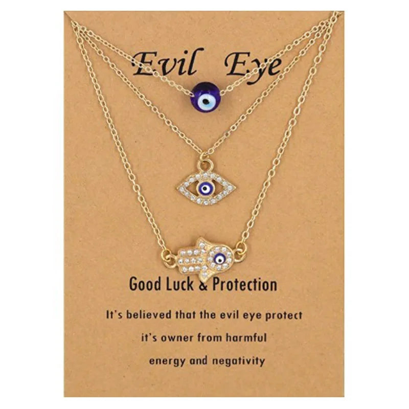 Trendy 3 Pcs/Set Crystal Glass Blue Evil Eyes Link Chain Necklace With Card Rhinestone Hamsa Hand Charm Necklace Set