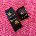 Middle Fold Printing Gold Color Satin Label for Ties Eco-friendly Center Fold Brand logo Silk Satin Clothing Tags