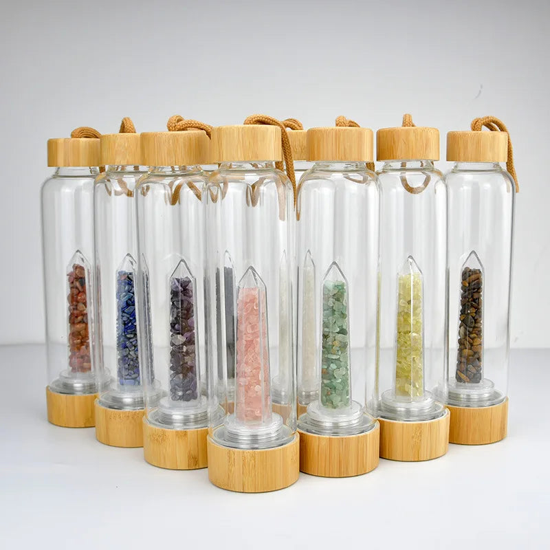 Drop Shipping 550ml Natural Clear Quartz Point Healing Crystal Energy Elixir Drink Water Bottle Glass Cup Gift With Bamboo Cover