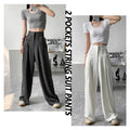 Elegant Lounge Wear Women's Pleated Suit Pants With Elastic High Waist Straight Wide Leg Tied 2 Side Pockets