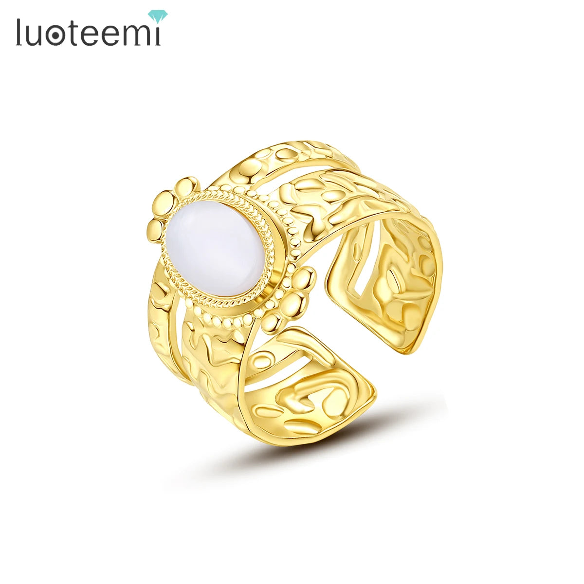 LUOTEEMI Stainless Steel Woman Designed Luxury Statement Big Finger Trendy Lady Resizable Moon Stone Ring