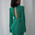 Buttoned Crew Neck Shoulder Padded High Waist Hollow Cut Out Plisse Casual Dresses Women Long Sleeve Backless Pleated Dress