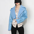 2023 Breathable PU Leather Women's Long Sleeve Crop Patchwork Shearling Lined Denim Jacket