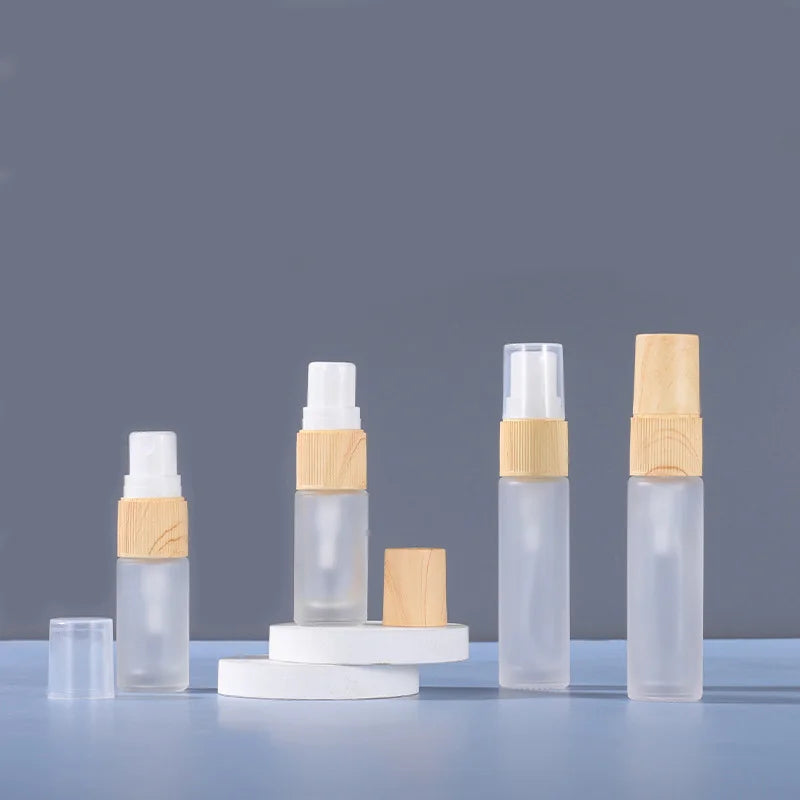 5ml10ml15ml Empty Refillable Perfume Frosted clear Cosmetic Spray Glass Bottle with Wood Grain Cap