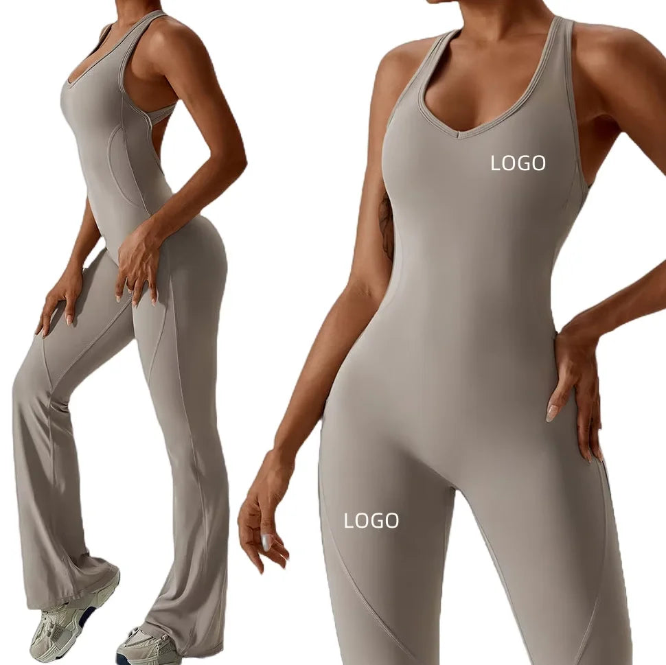 Yoga Jumpsuits Quick Drying Sweat-Wicking Breathable Double Layer Strap Full Length Bell Bottom Fitness Romper for Women