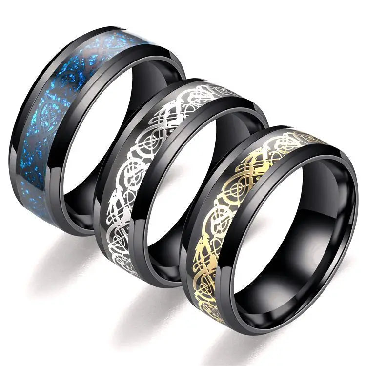 New Trend Minimalist 8mm Stainless Steel Gold Signet Finger Rings Dragon Pattern Couple Rings for Women Men