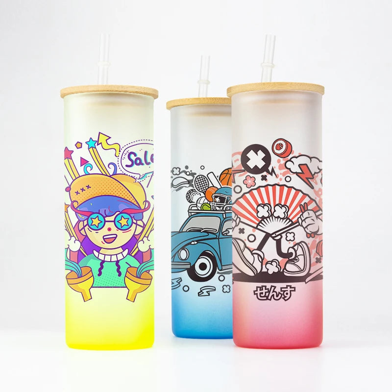 Auplex 18oz Gradient Colorful Sublimation Frosted Beer Glass Mug With Lid and Straw
