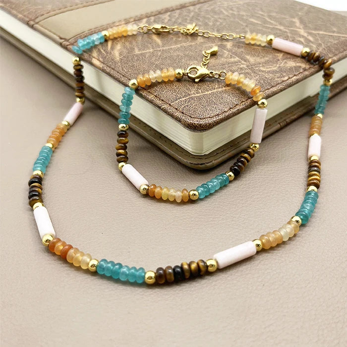 Fashion Personality Design Virgin Mary Necklace Set Stainless Steel Natural Stone Agate Tiger Eye Chain for Women