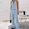 Enyami Custom Holiday Chic Leisure Cotton Linen Sleeveless Waistcoat Vest Tops High Waist Pants 2 Piece Casual Co Ord Sets Women