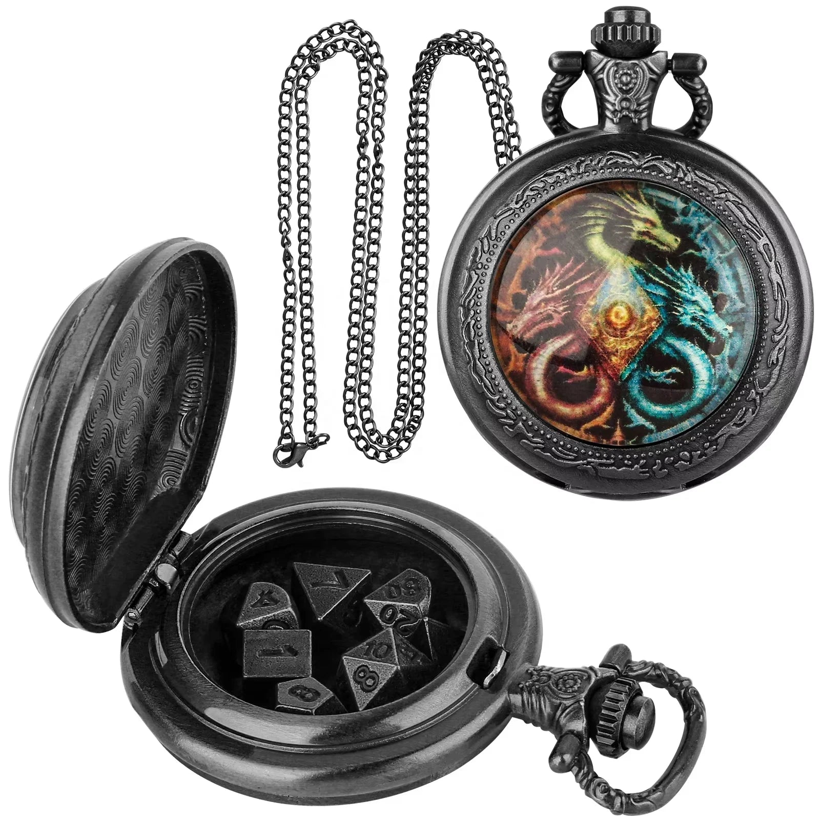 Intricately Designed Metal Pocket Watch Case Unique Fantasy Gear Pattern Tabletop Gaming Role Playing Collectible Accessory