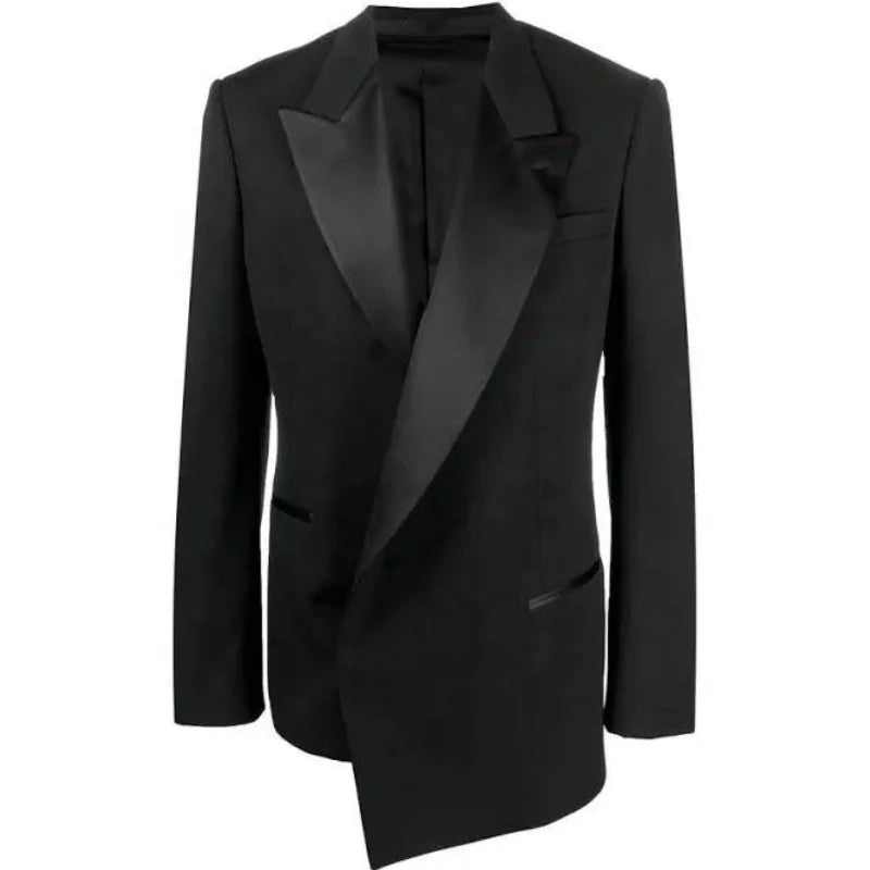 Black Peaked Satin Lapel 2 Pieces Mens Tuxedos Jacket Pant Asymmetrical Men Suits Wedding  Groom Party Costumes Pour Hommes