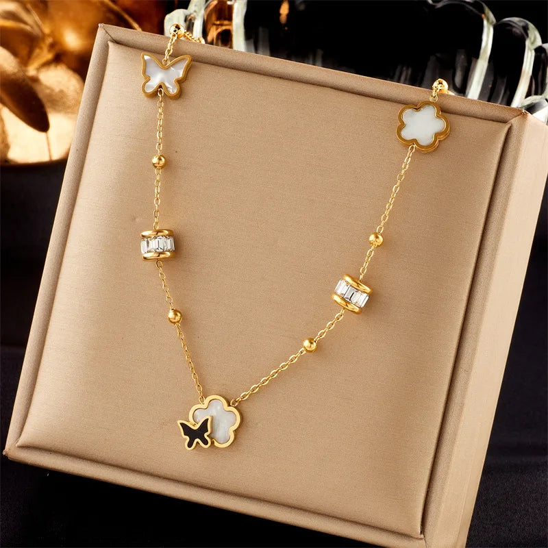 Trendy 18k Gold Plated Stainless Steel Flower Necklace for Women Tarnish Free Shell Butterfly Necklace