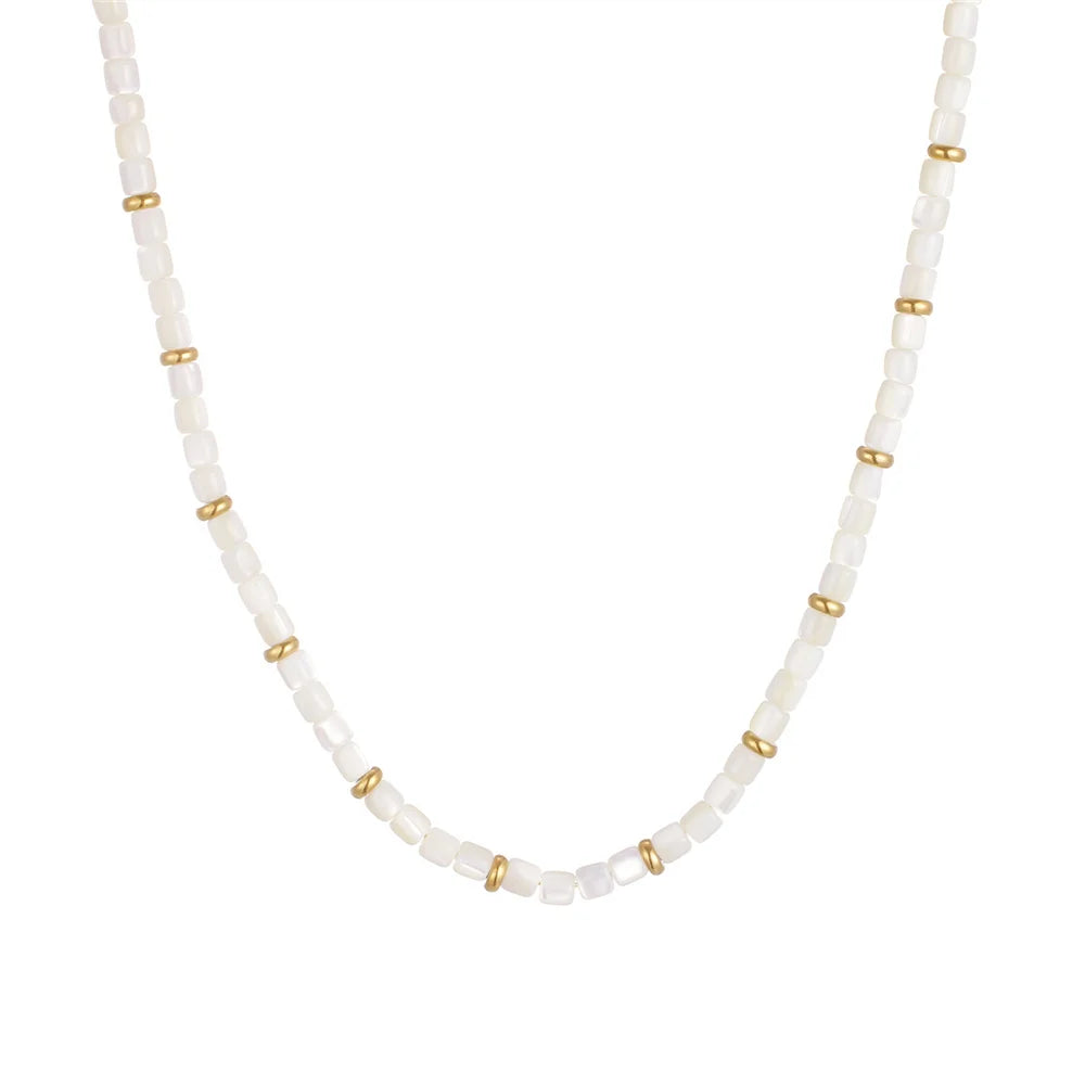 Elegant White Shell Natural Stone Stainless Steel Beads Necklace Non Tarnish Waterproof White Fritillary Choker Necklaces