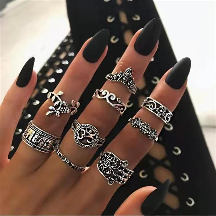 Wholesale 9/13pcs Ring Set Retro Ethnic Finger Hollow Carved Elephant Animal Diamond Boho Rings Jewelry Women
