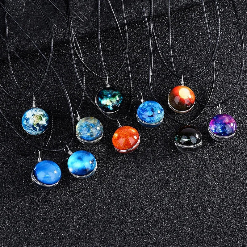 Night Star Planet Glass Ball Noctilucent Pendant Necklace Double-sided Luminescent Galaxy Nebula Cosmic Sweater Chain