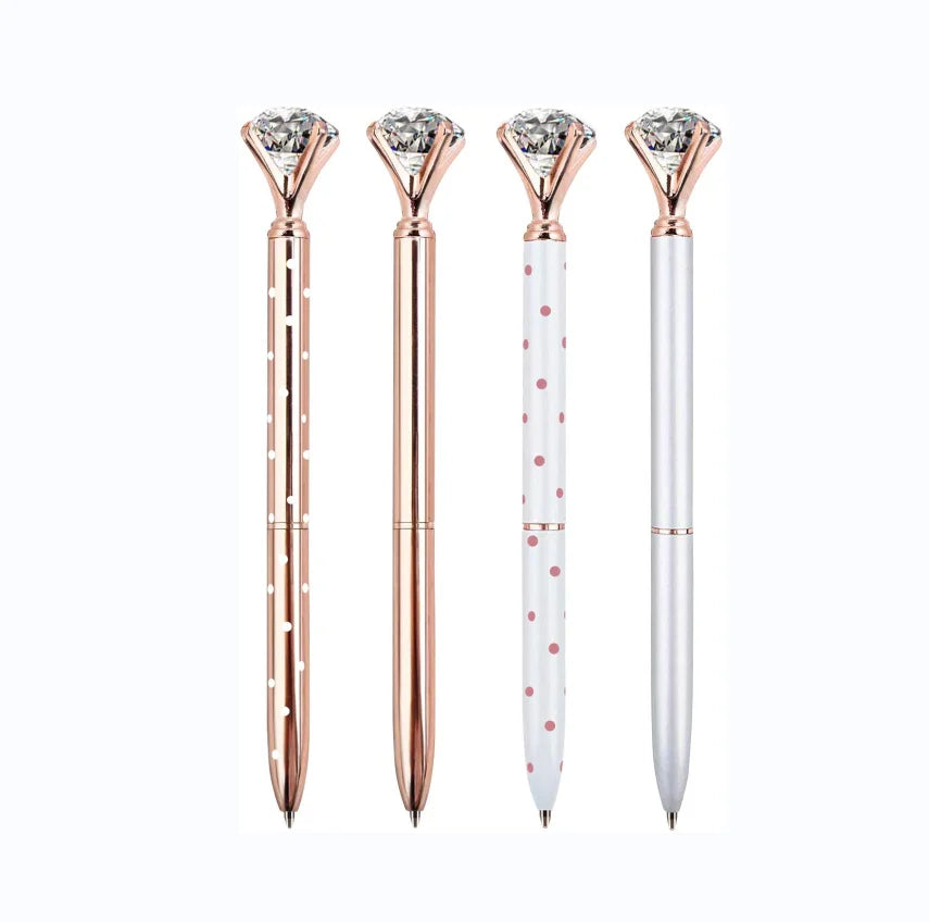 4 PCS Logo Pen Big Crystal Diamond Metal Ballpoint Pen 0.5mm Tip Multi-Functional Novelty Rose Polka Dots Design Black/Blue