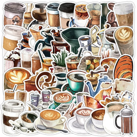 50Pcs Illustration Coffee Cartoon Art Graffiti Stickers for Bottle Cup Waterproof Coffee Cup Pot DIY Decor Sticker