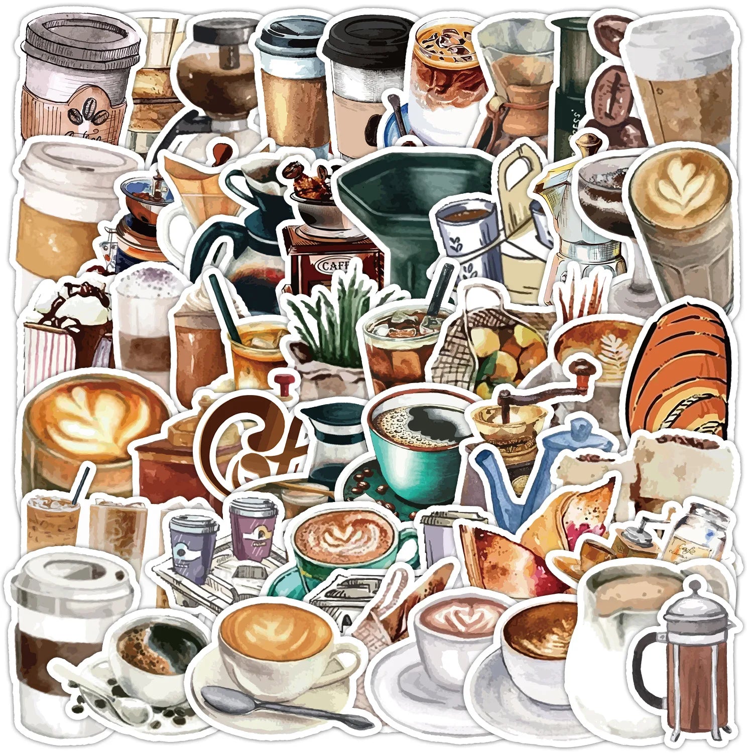 50Pcs Illustration Coffee Cartoon Art Graffiti Stickers for Bottle Cup Waterproof Coffee Cup Pot DIY Decor Sticker