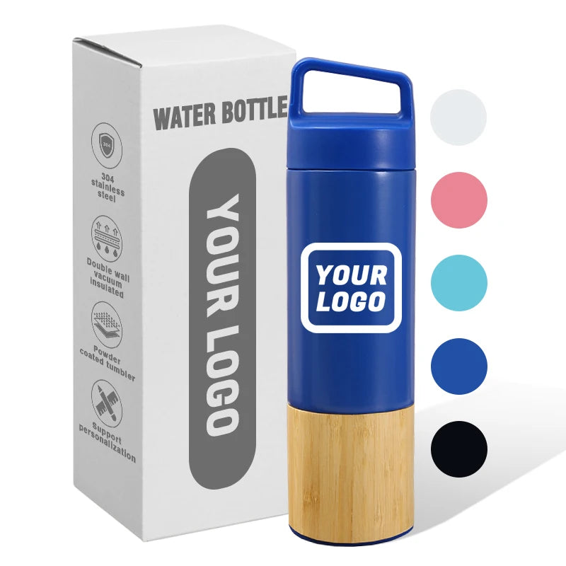 Custom 550ml Bamboo Shell Sport Vacuum Flask With Handle Stainless Steel Insulated Bottle