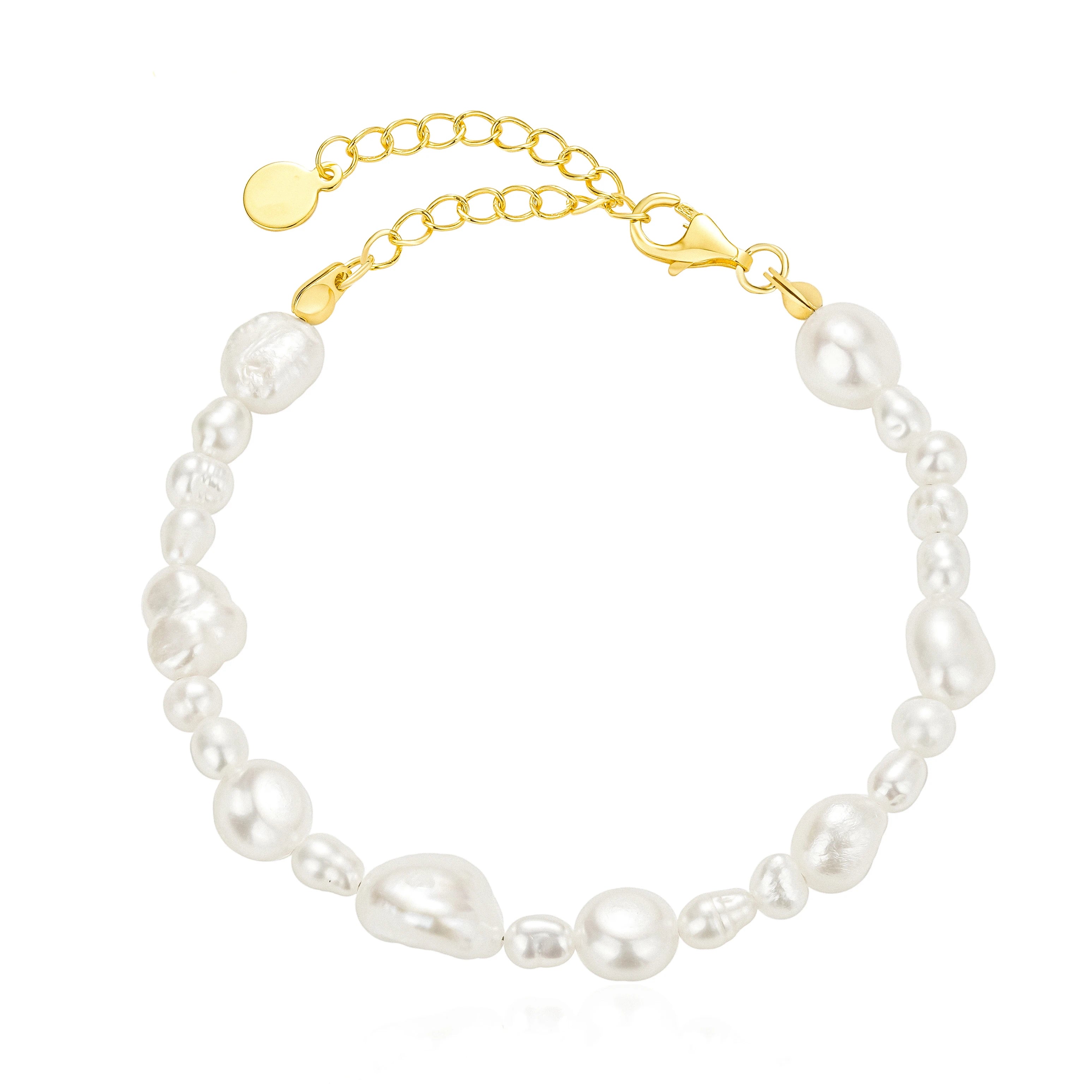 Fashion Gold Baroque Pearl Beaded Bracelets Natural Freshwater with 925 Sterling Silver Unisex Jewelry for Women
