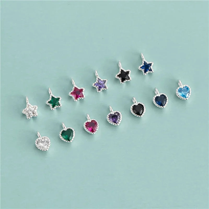 Colorful CZ S925 Sterling Silver Jewelry Findings Zirconia Love Heart Pendant Birthstone Star Charms Necklace Making Accessories