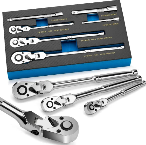 WZAUTO 6pcs EVA Foam Spanner Set Flex Head 72T Quick Release 180 Angle Adjustable 1/4'' 1/2'' Drive Ratchet Wrench for DIY OEM