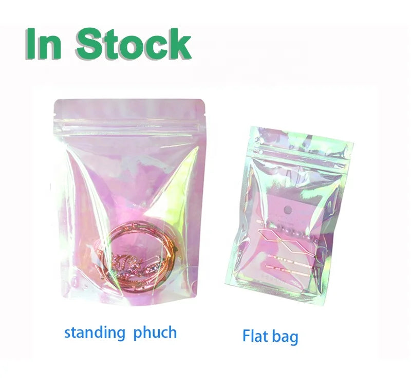 Pink Hologram Clear Front Smell Proof Holographic Packaging Laser Plastic Reusable Zip Lock Food Storage Pouches Bags
